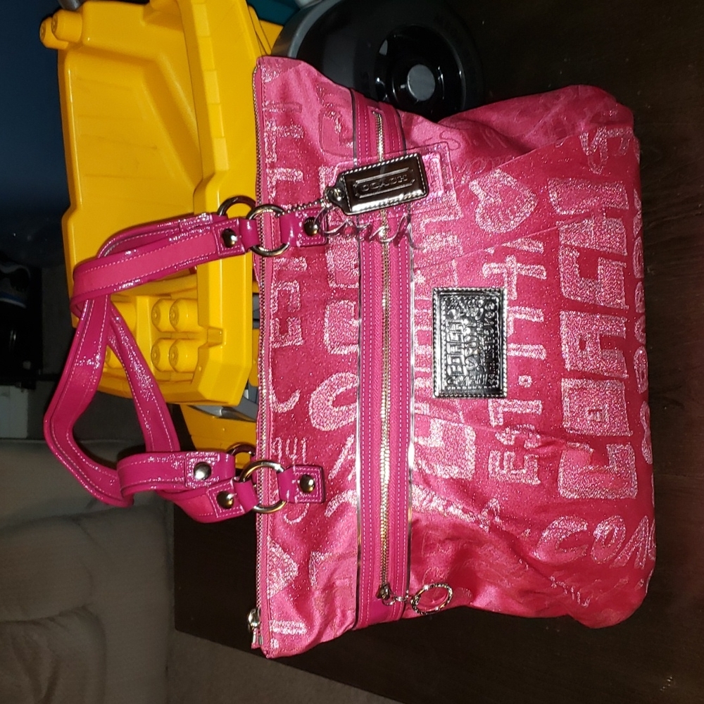 Coach #D1069-15301 Poppy Story Patch Glam Tote Shoulder Bag Silver/Pink